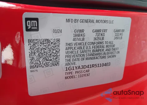 2024 Chevrolet Corvette Stingray Rwd 1Lt from USA, damaged, VIN 1G1YA3D41R5110403